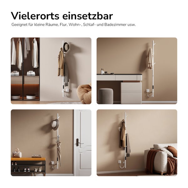 Anwendungsbeispiele für eine weisse, beheizbare Garderobe in verschiedenen Räumen.