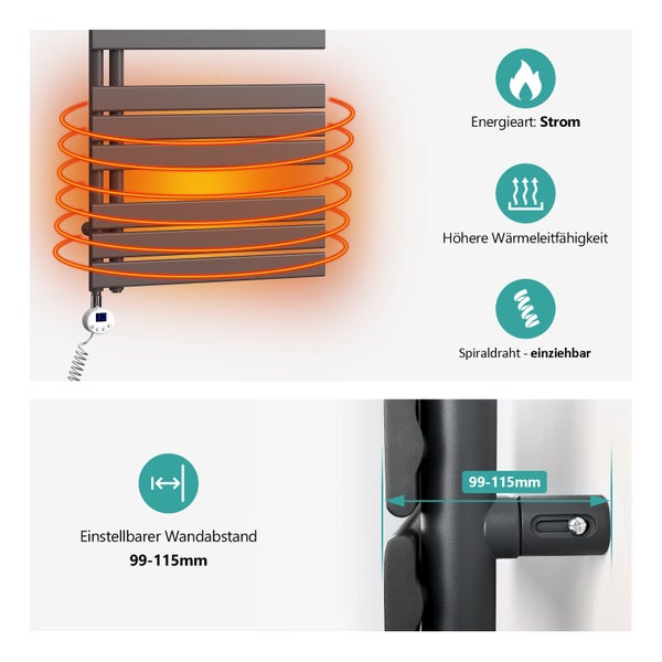 EMKE Elektrischer Design- Paneelheizkörper mit Thermostat und Timer für Handtuchwärmer, seitlich offen, Vertikal, 400 Watt, 40 cm x 76 cm, Anthrazit