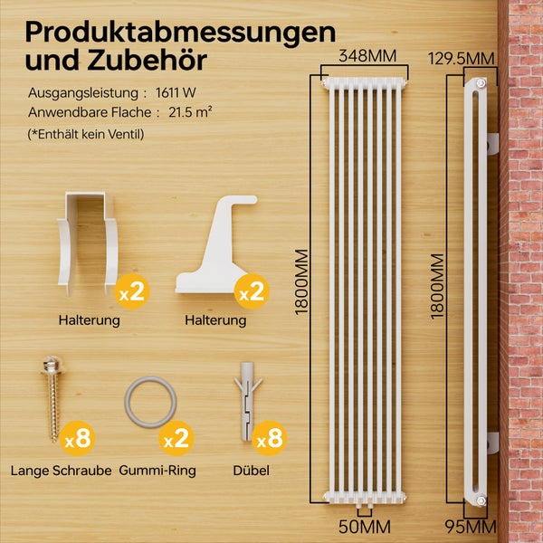 Produktabmessungen und Zubehör inklusive Heizkörper, Halterungen, Schrauben, Dübel und Gummiringe
