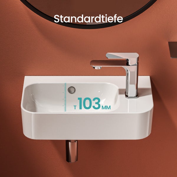 EMKE Hängewaschbecken 450 x 265 mm, Eckiges Keramik Waschbecken, mit Hahnloch rechts, glänzend Weiß, Höhe 156 mm, pflegeleicht, für Badezimmer