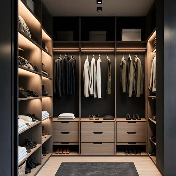 Begehbarer Kleiderschrank mit Regalen, Schubladen und Kleiderstangen für die Aufbewahrung von Kleidung und Accessoires