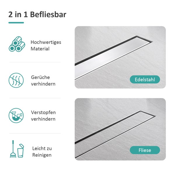 2 in 1 befliesbare Duschrinne mit Edelstahl- und Fliesenoptionen