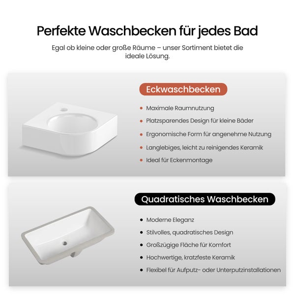 Eckwaschbecken und quadratisches Waschbecken aus Keramik für das Badezimmer