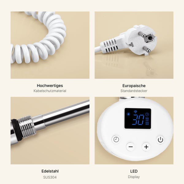 Details eines Handtuchwärmers: Spiralkabel, Eurostecker, Edelstahlverbindung und LED Display