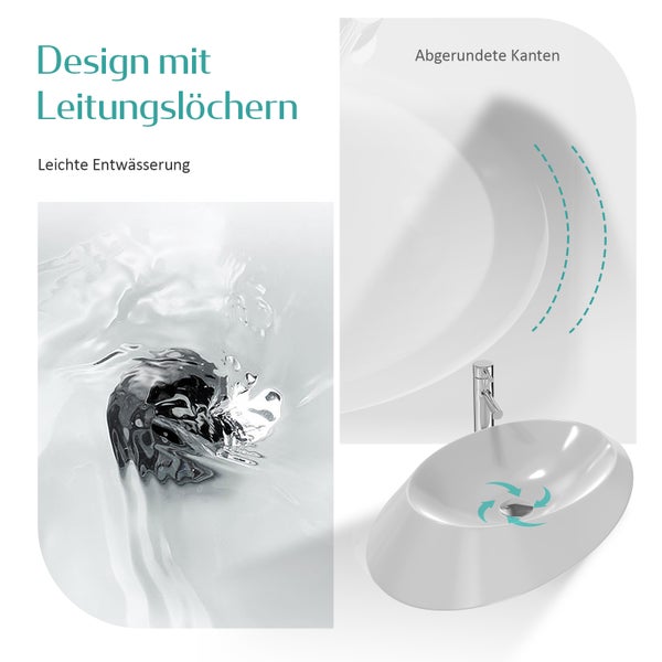 EMKE Aufsatzwaschbecken 600 × 450 mm, Ovales Design-Waschbecken, Keramik, asymmetrisch, glänzend Weiß, Handwaschbecken für Badezimmer, Höhe 145 mm