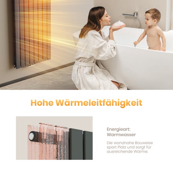 Wandheizkörper im Badezimmer mit Mutter und Kind