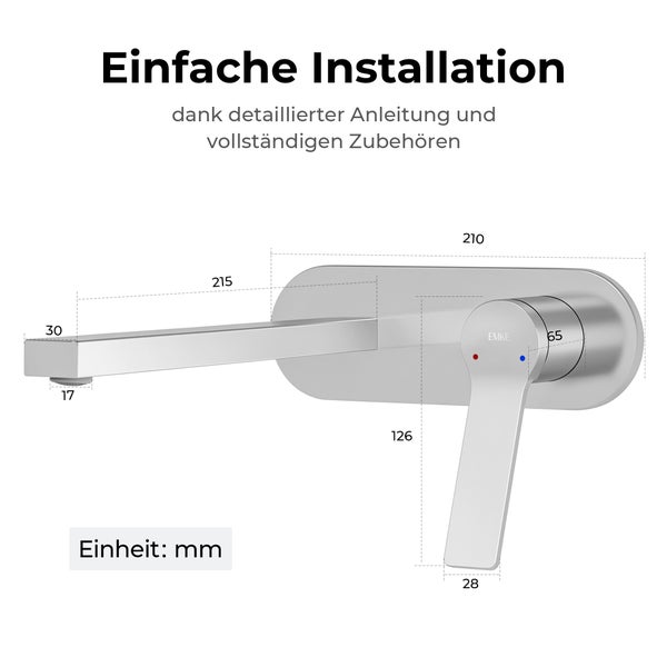 EMKE Unterputz Waschtischarmatur, 2-Loch Wandmontage mit Luftsprudler, Einhebelmischer für Waschbecken und Badewanne, L 215 x H 210 x Ø 17 mm, Chrom