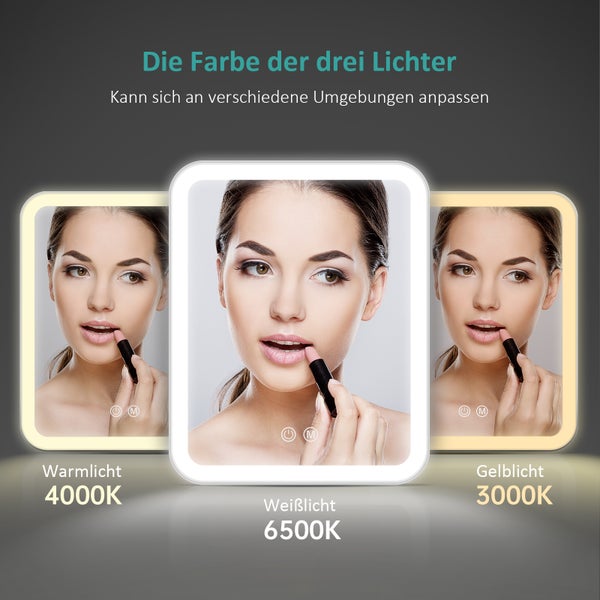 EMKE Kosmetikspiegel mit Beleuchtung, 3 Lichtfarben und 3X Fach Vergrößerungsspiegel Schminkspiegel mit licht-180° Drehbar USB Wiederaufladbar, Makeup Spiegel mit Vergrößerung