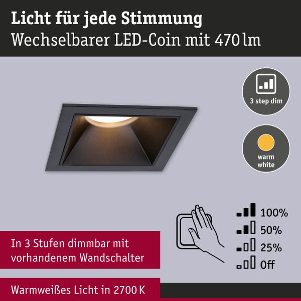 LED Einbauleuchte 3-Step-Dim Cole Coin 3er-Set IP44 eckig 88x88mm Coin 3x6W 3x470lm 230V dimmbar 2700K Schwarz