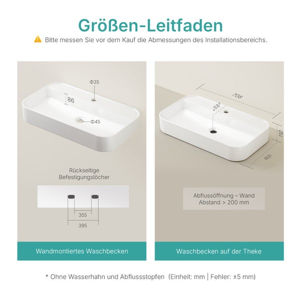 EMKE Waschbecken 70x40 cm, Keramik Weiß, Wand- oder Aufsatzmontage, Mit Hahnloch, R-Kantenschutz, für Badezimmer