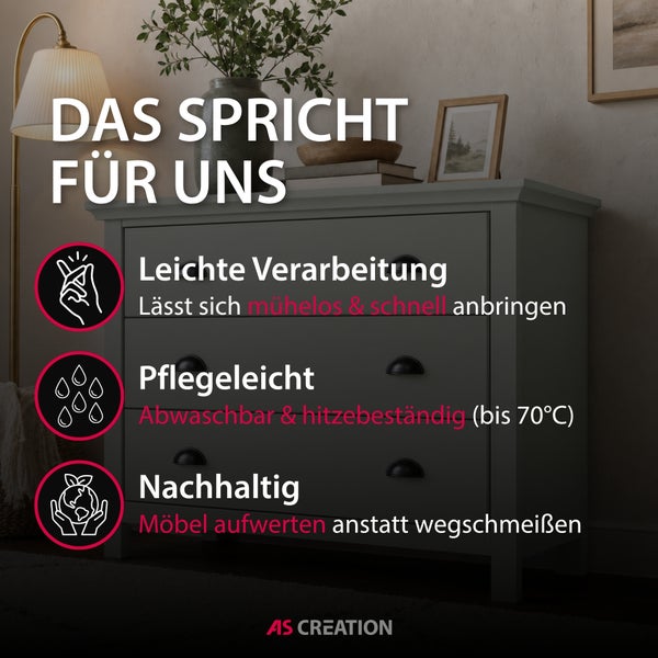 AS Creation Logo. Infografik: Möbelfolie ist leicht zu verarbeiten, pflegeleicht, abwaschbar, hitzebeständig bis 70 Grad und nachhaltig.