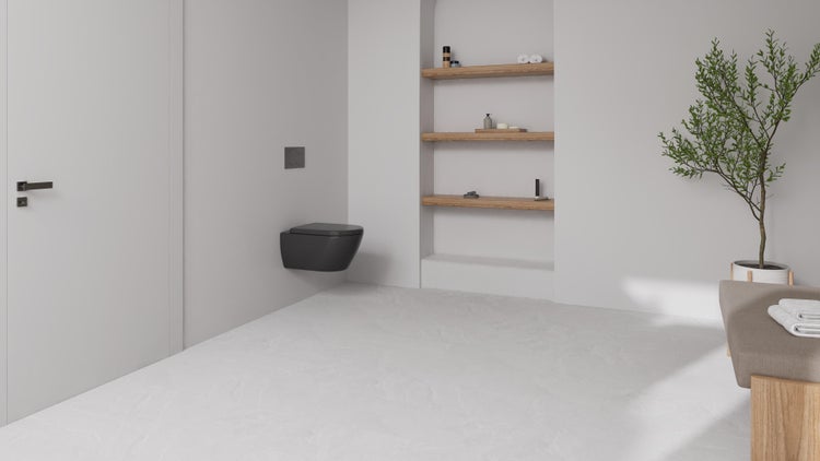 Modernes Badezimmer mit hängendem WC, eingebauten Regalen und Zimmerpflanze