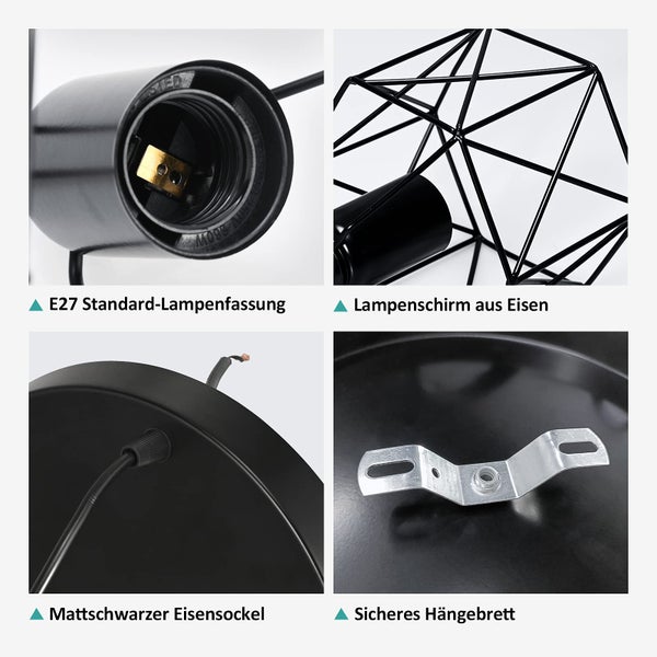 EMKE Pendellampe 3 flammige Kronleuchter Vintage Pendellampe Retro Hängelampe Deckenleuchter, Schwarz Lampenschirm für E27, Wohnzimmer Cafe (1 Set)