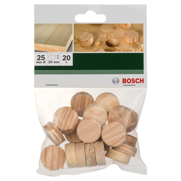 Bosch Astlochstopfen aus Holz mit 25 Millimeter Durchmesser und 10 Millimeter Stärke, 20 Stück im Beutel.