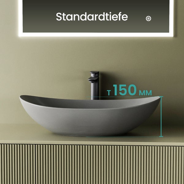 Aufsatzwaschbecken in Grautönen mit Armatur und einer Tiefe von 150 mm
