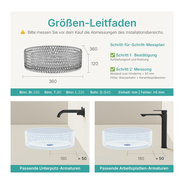 Größenleitfaden für ein klares Waschbecken mit Maßangaben und Installationshinweisen