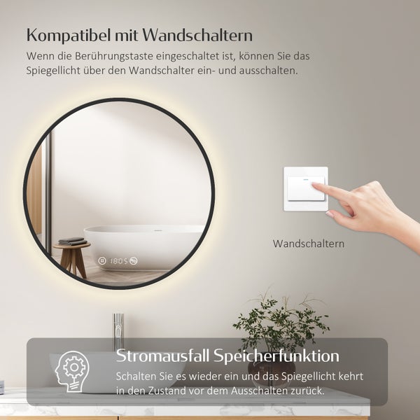 EMKE Badspiegel mit Beleuchtung ф70cm, runder LED-Spiegel mit Touchschalter und Uhr, Badspiegel mit schwarzen Rahmen, Neutralweiß