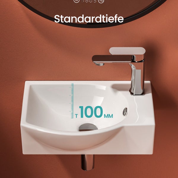EMKE Handwaschbecken 405 x 280 mm, asymmetrisch, Keramik, mit Hahnloch rechts, glänzend weiß, kompaktes Hängewaschbecken für Gäste-WC, Höhe 140 mm, zur Wandmontage