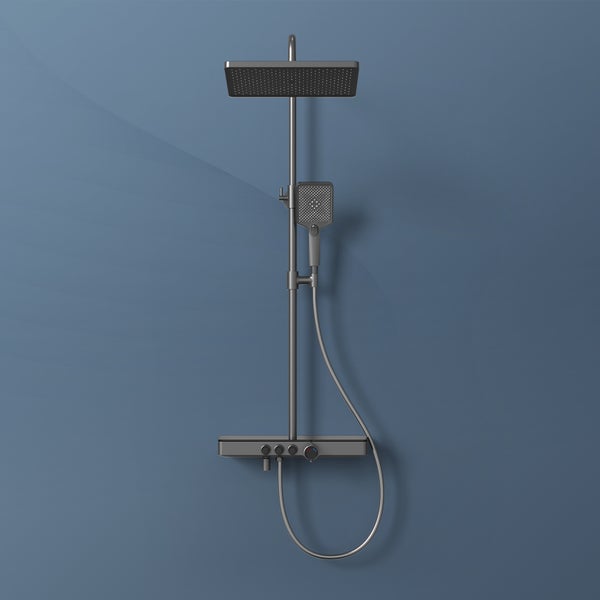EMKE Duschsystem mit Thermostat 38 °C, 3 Strahlart(en), Überkopfbrause, Handbrause mit 3 Funktionen, unterer Wasserauslass, Verbrühungsschutz, Wandmontage, 114,6 × 45 × 48 cm, Anthrazit Matt