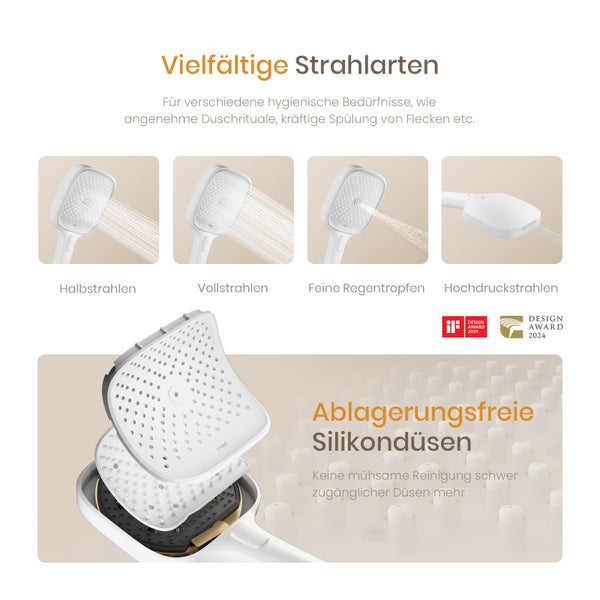 Weiße Handbrause mit vier verschiedenen Strahlarten und ablagerungsfreien Silikondüsen. Ausgezeichnet mit Design Awards 2024 und 2025.
