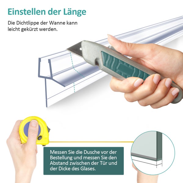 Anpassen der Länge der Duschdichtung mit einem Cutter und Messen des Abstands mit einem gelben Rollbandmaß.