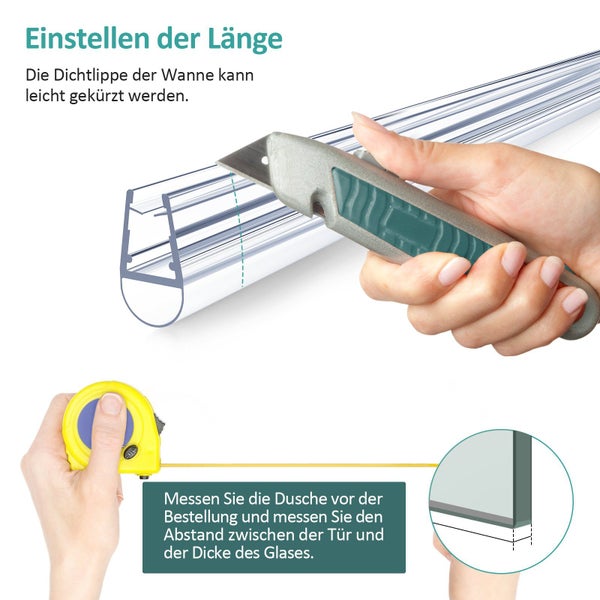 Kürzen der transparenten Dichtlippe einer Dusche mit einem Cuttermesser und Messen der Glasstärke mit einem Maßband.
