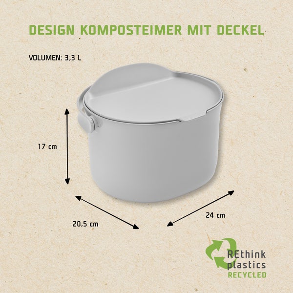 Skaza Organko Daily Biomülleimer 3,3L mit Deckel und Henkel für die Küche | Einhändiges Öffnen | Abfalleimer aus Postconsumer-Recyceltem Kunststoff (Hellgrau)