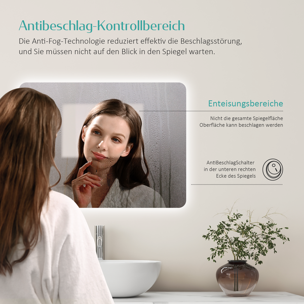 EMKE Badspiegel mit Beleuchtung 60 x 40 cm, Warmweiß/Kaltweiß, beschlagfrei, LED-Rückbeleuchtung, Kippschalter, IP44, für Bad