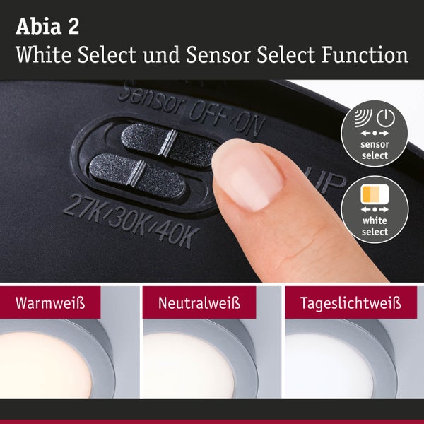 Abia 2 Leuchte mit White Select und Sensor Select Funktion zur Auswahl von Lichtfarbe und Sensormodus.