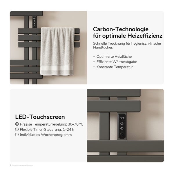 Elektrischer Badheizkörper mit Carbon Technologie, LED Touchscreen, Temperaturregelung von 30 bis 70 Grad und Timer Funktion für Handtücher.