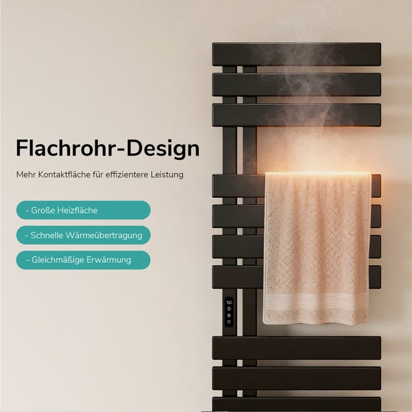 Schwarzer Handtuchheizkörper im Flachrohr-Design für effiziente Wärmeübertragung, große Heizfläche und gleichmäßige Erwärmung.