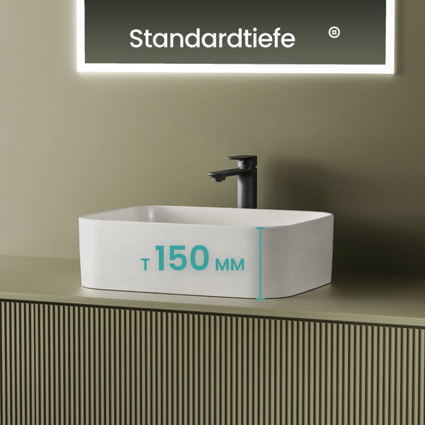 Aufsatzwaschbecken mit einer Tiefe von 150 mm und einer Armatur.