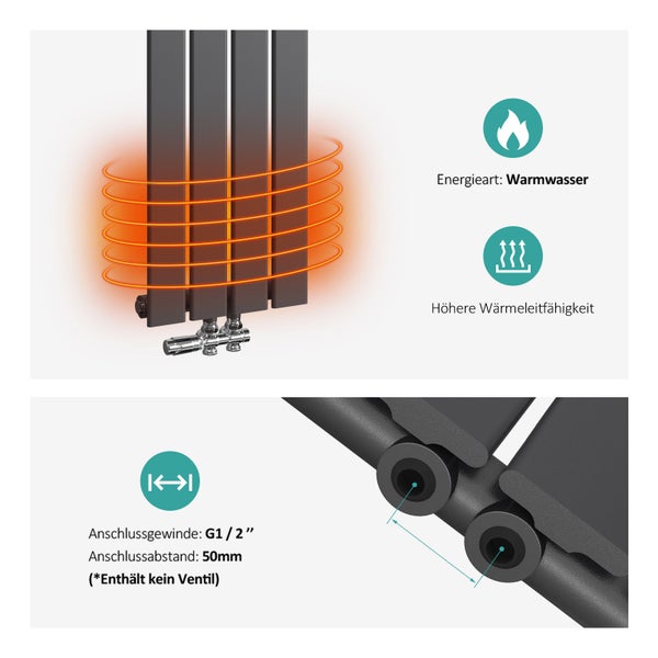 Merkmale des Heizkörpers: Energieart Warmwasser, höhere Wärmeleitfähigkeit, Anschlussgewinde G 1/2 Zoll, Anschlussabstand 50 mm, enthält kein Ventil