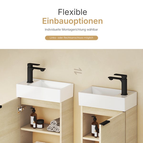 Waschtisch mit flexiblen Einbauoptionen und Waschtischunterschrank mit offenem Stauraum