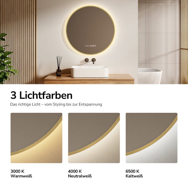 Runder Badezimmerspiegel mit LED Beleuchtung und drei wählbaren Lichtfarben von warmweiß bis kaltweiß für ein modernes Badezimmer Design.