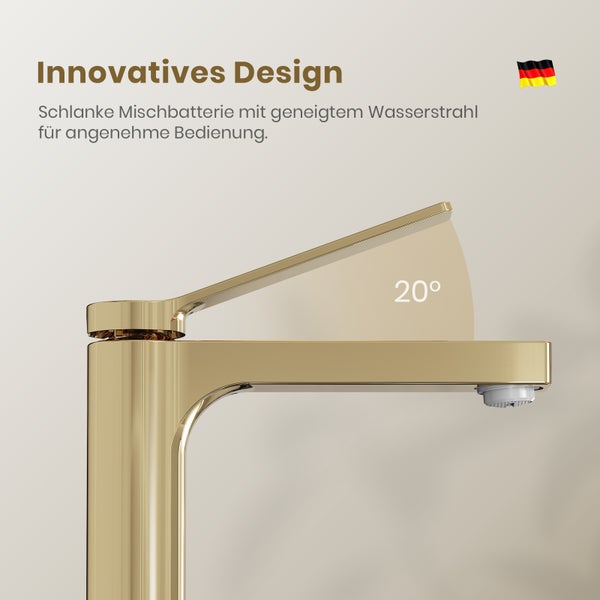 Schlanke Armatur mit geneigtem Wasserstrahl für angenehme Bedienung.