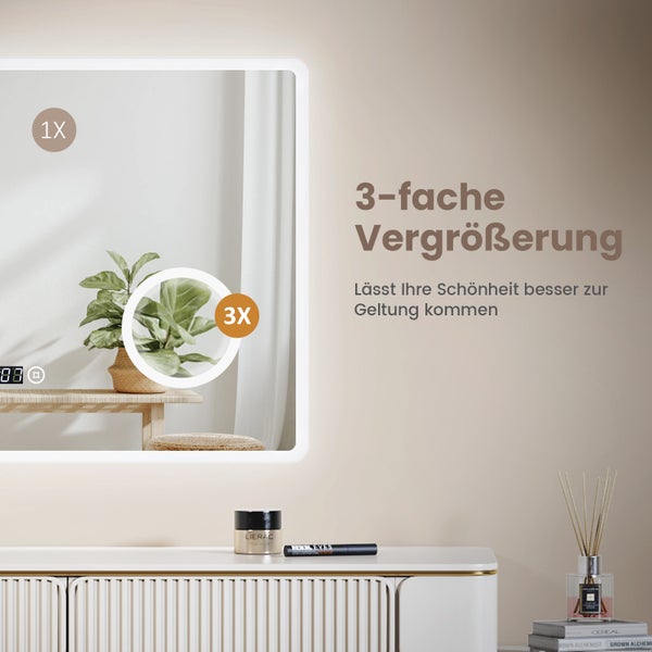 EMKE LED Badspiegel mit Beleuchtung 100 x 60 cm, 3 Lichtfarben mit Touchschalter, LCD-Zeitdisplay, 3x Vergrößerung, IP44, für Bad