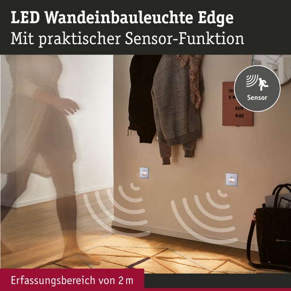 LED Wandeinbauleuchte Edge Quadro eckig 80x42mm 1,2W 25lm 230V 2700K Chrom matt