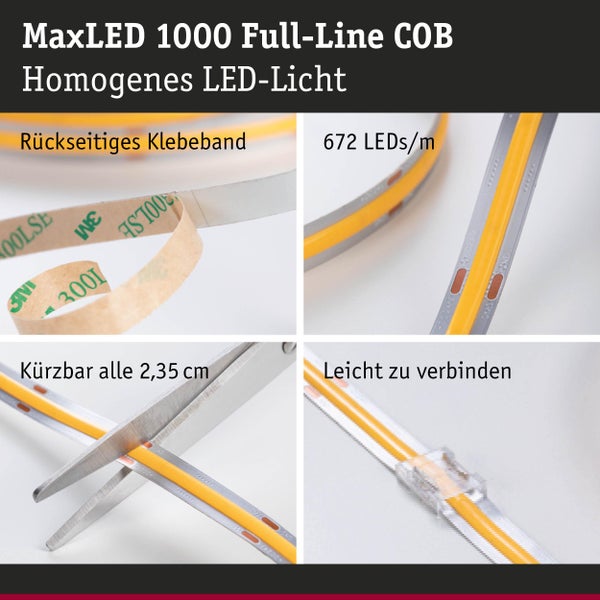 MaxLED 1000 Full-Line COB Homogenes LED-Licht mit rückseitigem Klebeband, 672 LEDs pro Meter, kürzbar alle 2,35 cm, leicht zu verbinden