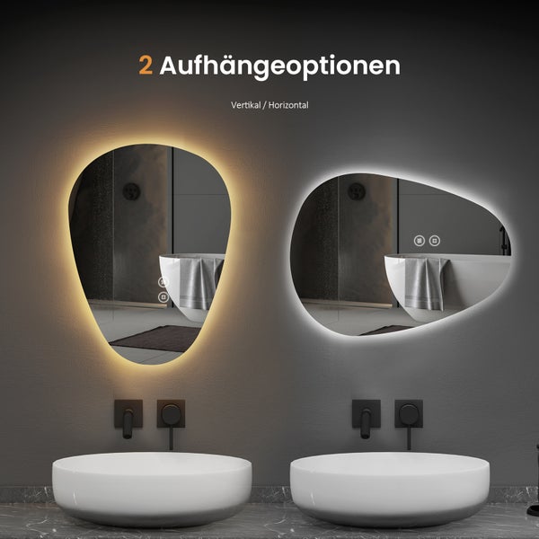 EMKE LED Badspiegel 60x45 cm, asymmetrisches Design, 3 dimmbare Lichtfarben & Helligkeit einstellbar, beschlagfrei, Memory-Funktion, horizontal & vertikal montierbar, IP44, für Bad