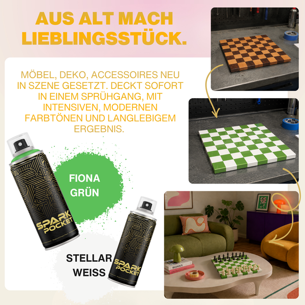 Werbebild für Sprühlack Spark Pocket mit Vorher Nachher Beispiel eines Schachbretts und Anwendungsbeispiel in einem Wohnzimmer.