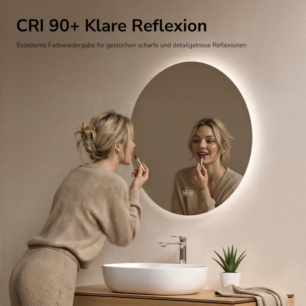 Runder LED-Badezimmerspiegel mit Hintergrundbeleuchtung, CRI 90 plus für klare Reflexionen, Frau trägt Lippenstift vor einem Aufsatzbecken auf.