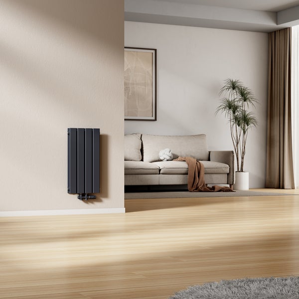 Wohnzimmer mit modernem Rippenheizkörper an der Wand