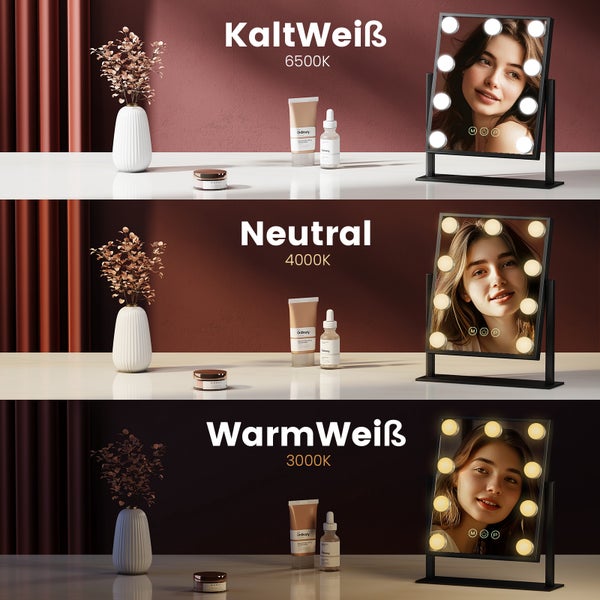 Titelbild mit drei Make-up-Spiegeln mit unterschiedlichen Farbtemperaturen, Hautpflegeprodukten und Dekorationsgegenständen.