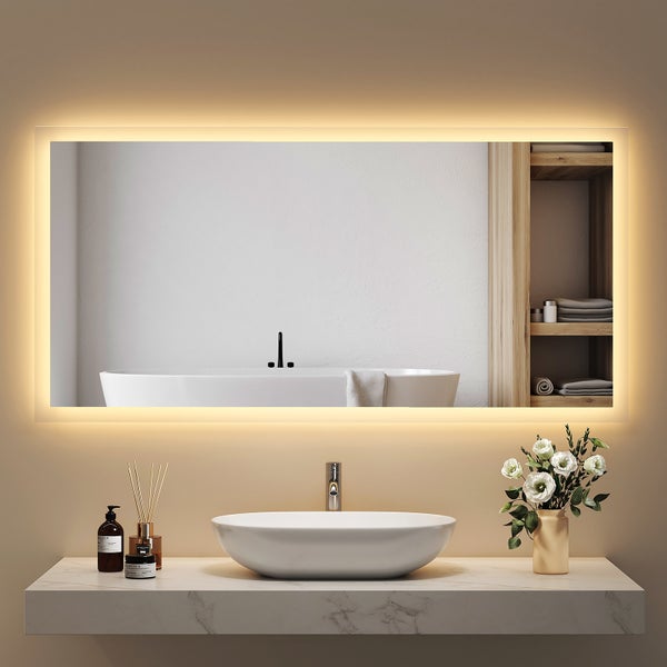 EMKE Badspiegel mit Beleuchtung 120x60 cm, Warmweiß, 4 mm rostfreier Spiegel, Aluminiumrahmen Weiß, flexibel montierbar, IP44, 32,5W, für Bad