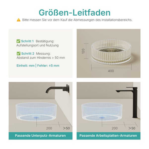 Größenleitfaden für ein Waschbecken mit den Maßen Höhe 120 Millimeter und Durchmesser 400 Millimeter, sowie Armaturenempfehlungen