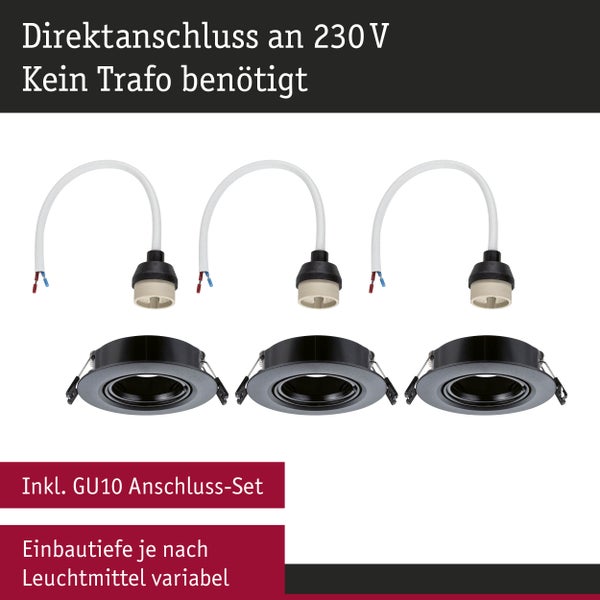 Einbauleuchte 3er-Set schwenkbar rund 90mm 30° GU10 max. 3x10W 230V dimmbar Schwarz