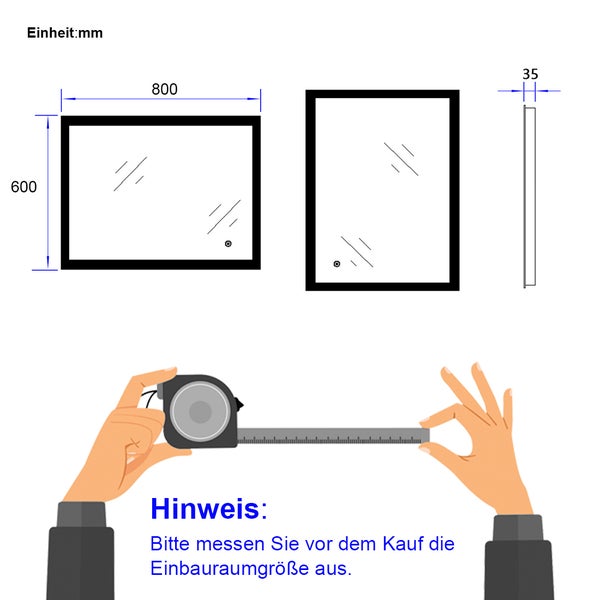 EMKE Badspiegel mit Beleuchtung, LED-Spiegel mit Touchschalter, Anti-Beschlag, 80 x 60cm, Kaltweiß