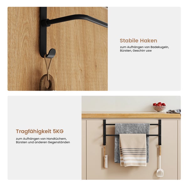 Schwarzer Türhänger mit stabilen Haken und einer Tragfähigkeit von fünf Kilogramm zum Aufhängen von Handtüchern, Bürsten und Geschirr