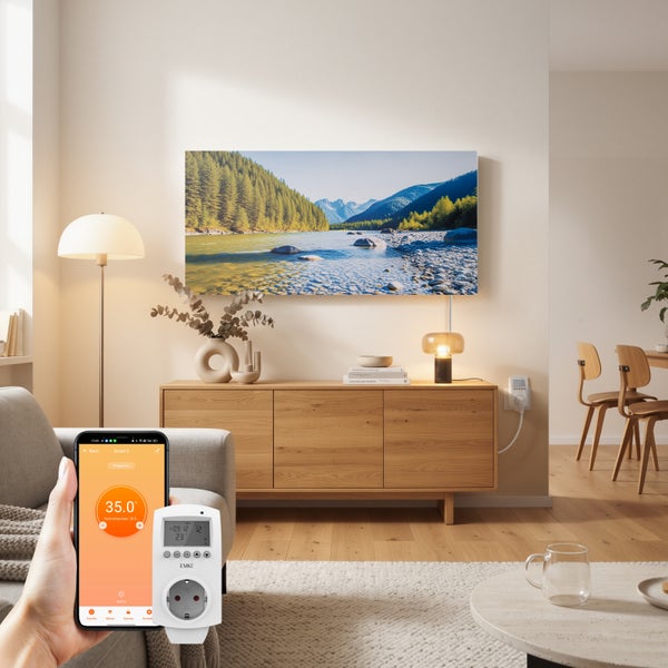Eine Hand hält ein Smartphone mit App zur Steuerung einer intelligenten Steckdose, die im Wohnzimmer mit Holzmöbeln und Wandbild abgebildet ist.